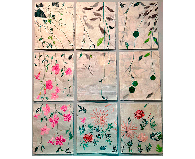 �Un verano�. Hilo de seda y algod�n bordado. 9 unidades. 150 x 124 cm. Unidad 48 x 39 cm.
