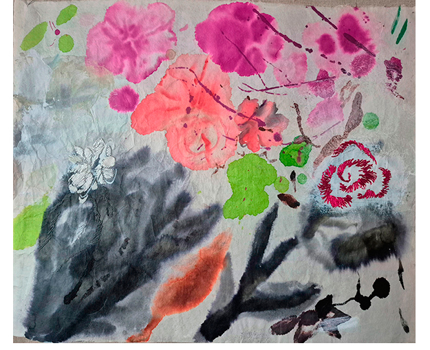 " Prueba". Tinta ,acr�lico, bordado sobre papel japon�s. 38 x 46 cm.