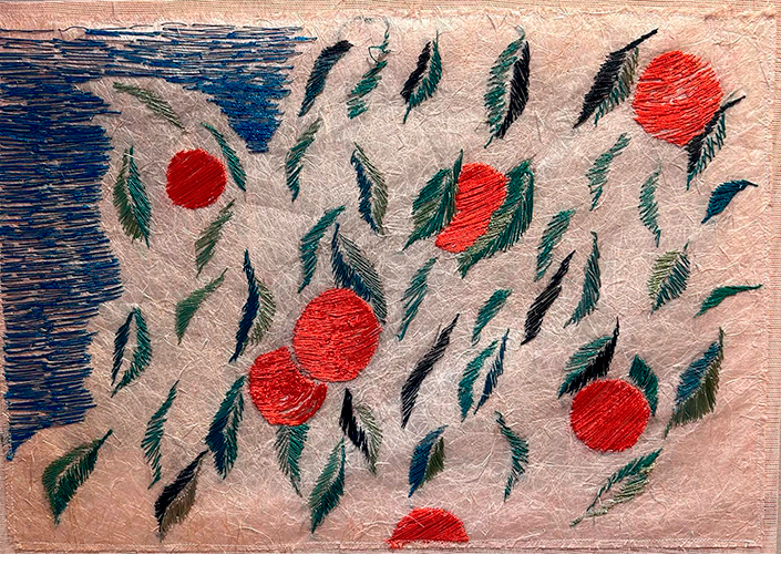 �Frutos del para�so, naranjo�. Hilo de seda y algod�n bordado sobre papel. 35 x 50 cm.