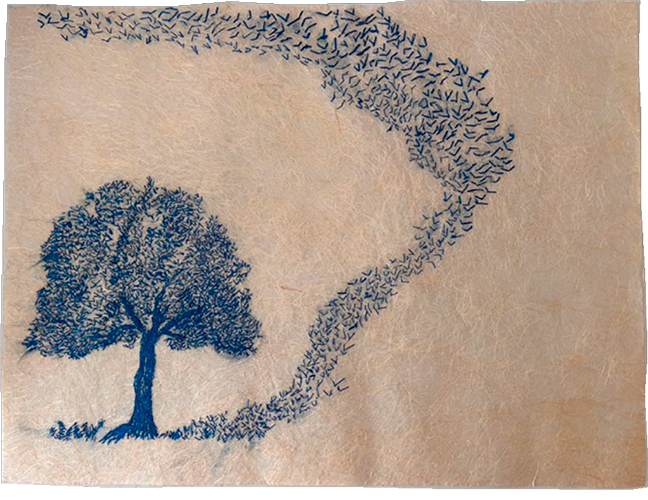 ��rbol p�jaro�. Hilo de seda y algod�n bordado sobre papel Japon�s. 48 x 65 cm.
