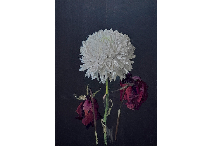 Crisantemo y rosas secas. �leo sobre pizarra.  37,5 x 25  cm.